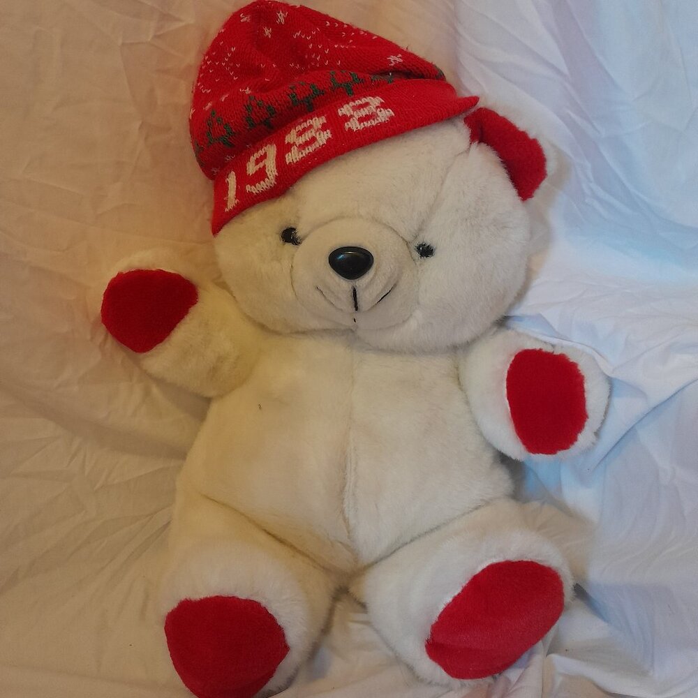 Vintage Retro 1988 K-Mart Christmas Bear Plush Red Winter Hat Missing Red Scarf